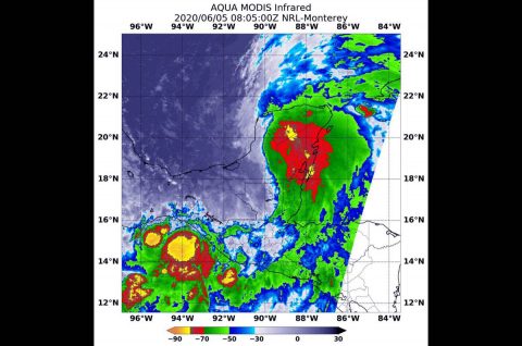 On June 5th at 3:05am CDT (0805 UTC), the MODIS instrument aboard NASA’s Aqua satellite gathered temperature information about Tropical Depression Cristobal’s cloud tops. MODIS found several areas of powerful thunderstorms (yellow and red) where temperatures were as cold as or colder than minus 70 degrees Fahrenheit (minus 56.6 Celsius). (NASA/NRL)