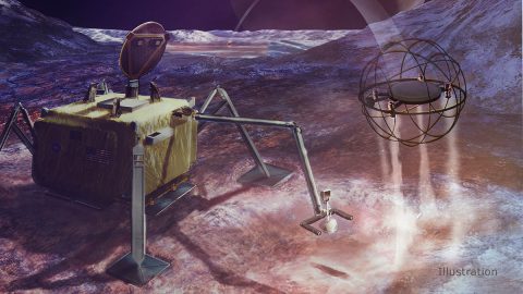In this artist's concept, a SPARROW robot uses steam propulsion to hop away from its lander home base to explore an icy moon's surface. (NASA/JPL-Caltech) In this artist's concept, a SPARROW robot uses steam propulsion to hop away from its lander home base to explore an icy moon's surface. (NASA/JPL-Caltech)