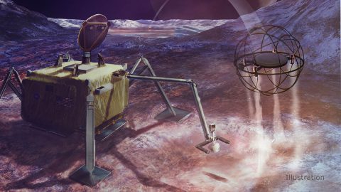 In this artist's concept, a SPARROW robot uses steam propulsion to hop away from its lander home base to explore an icy moon's surface. (NASA/JPL-Caltech)