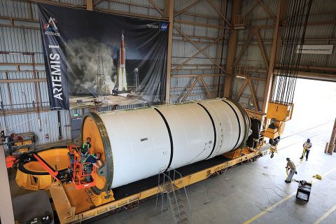 Exploration Ground System teams are processing the Artemis I booster segments and preparing to stack them with forward and aft assemblies at NASA’s Kennedy Space Center in Florida. The Space Launch System (SLS) rocket booster segments arrived on June 15th by trains traveling from Utah near Northrop Grumman’s facility where they were manufactured. (NASA)