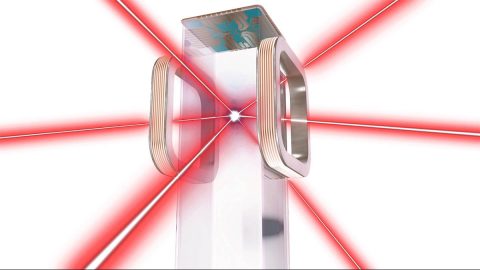 This image shows six finely tuned lasers used inside NASA's Cold Atom Lab to slow down atoms, lowering their temperature. This is step one in a three-step cooling process. (NASA/JPL-Caltech) This image shows six finely tuned lasers used inside NASA's Cold Atom Lab to slow down atoms, lowering their temperature. This is step one in a three-step cooling process. (NASA/JPL-Caltech)