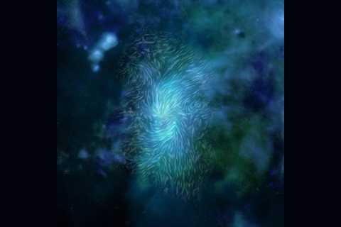 A composite image of the central region of our Milky Way galaxy, known as Sagittarius A. SOFIA found that magnetic fields, shown as streamlines, are strong enough to control the material moving around the black hole, even in the presence of enormous gravitational forces. (NASA/SOFIA/L. Proudfit; ESA/Herschel; Hubble Space Telescope)