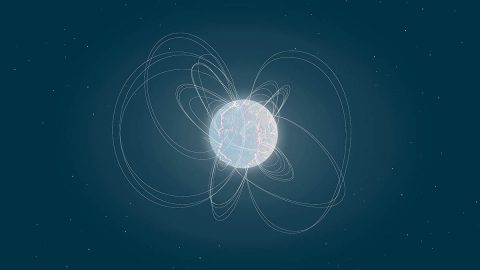 This illustration shows magnetic field lines protruding from a highly magnetic neutron star, or a dense nugget left over after a star goes supernova and explodes. Known as magnetars, these objects generate bright bursts of light that might be powered by their strong magnetic fields. (ESA)