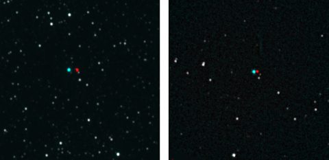 Stereo for 3D Glasses: These anaglyph images can be viewed with red-blue stereo glasses to reveal the stars' distance from their backgrounds. On the left is Proxima Centauri and on the right is Wolf 359. (NASA)