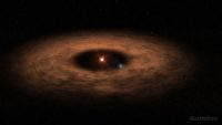 This artist’s concept shows the dusty disk surrounding the star AU MIcroscopii. Astronomers have studied this system extensively but only recently identified the presence of a planet there. The find provides a laboratory for studying planet evolution and formation. (NASA’s Goddard Space Flight Center/Chris Smith (USRA))