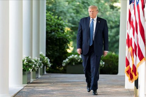 President Donald Trump walks from the Oval Office to deliver remarks in the Rose Garden. (White House)