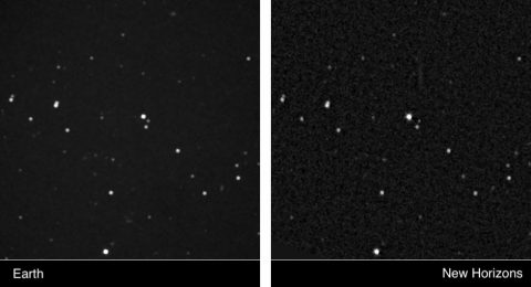 Theses two frames of Wolf 359 are images from New Horizons and Earth images of each star, clearly illustrating the different view of the sky New Horizons has from its deep-space perch. (NASA)