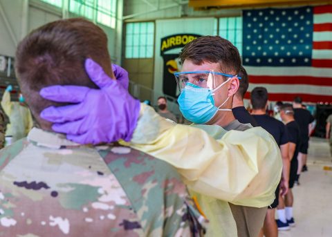 A 101st Airborne Division Soldier receives a COVID test at Fort Campbell, Kentucky, July 27th. The Soldier is one of more than 4,000 Soldiers who will receive a mandatory COVID test prior to a deployment to the Joint Readiness Training Center at Fort Polk, Louisiana. Soldiers who test positive will remain in isolation at Fort Campbell until cleared by medical professionals. (U.S. Army photo by Sgt. Justin Navin)