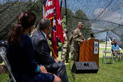 Maj. Gen. Jeff Holmes, Tennessee’s Adjutant General, renders a salute to Sgt. 1st Class Patrick Shields during a ceremony in which Shields was presented with the Soldier’s Medal in Brownsville on July 10. Shields stopped, disarmed and restrained a gunman after shots were fired in a parking lot following a high school football game in October 2018. (Sgt. Timothy Cordeiro)