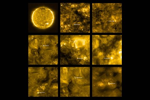 Solar Orbiter spots ‘campfires’ on the Sun. Locations of campfires are annotated with white arrows. (Solar Orbiter/EUI Team (ESA & NASA); CSL, IAS, MPS, PMOD/WRC, ROB, UCL/MSSL)