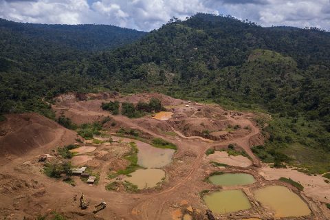 A legal gold mine in Ghana shows some of the effects mining has on the landscape and environment. Illegal mines, which operate without environmental oversight, are often situated close to legal ones, and the water pools are more irregular or divert to small rivers. Ghanaian officials have shut down illegal gold mines they identified using NASA satellite data and NASA-developed analysis tools. (Jordi Perdigó/Global Partnership for Sustainable Development Data)