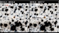 These images show the newly discovered brown dwarf WISE 1810 as seen with the WiseView tool. The object has an orange hue in these false-color images. In both images, a gray arrow on the left indicates the object’s position in 2010; the black arrow on the right indicates its position in 2016. (Schneider et al. 2020)