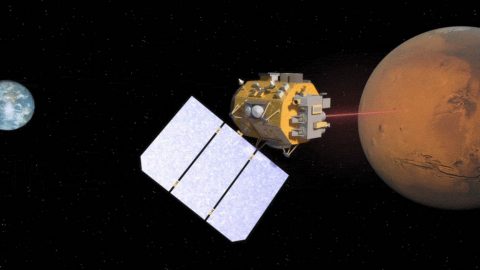 Illustration of a spacecraft using laser communications to relay data from Mars to Earth. (NASA's Goddard Space Flight Center)