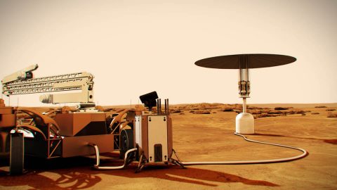 Illustration of a nuclear fission power system concept on Mars. (NASA) Illustration of a nuclear fission power system concept on Mars. (NASA)