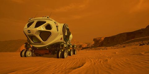 Illustration of a pressurized rover on Mars. (NASA)