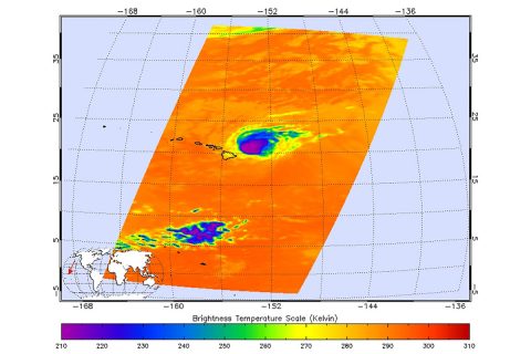 NASA's AIRS instrument captured this image of Hurricane Douglas at 1:53am local time on July 26th, 2020, as the storm swept towards the Hawaiian Islands. (NASA/JPL-Caltech)