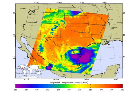 NASA's AIRS instrument captured this image of Tropical Storm Hanna at 1:35am local time on July 26th, 2020, as the storm swept over southern Texas and northeastern Mexico. (NASA/JPL-Caltech)