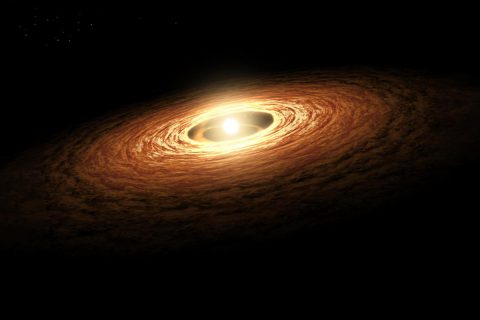 This illustration shows a young, Sun-like star encircled by its planet-forming disk of gas and dust. (NASA/JPL-Caltech)