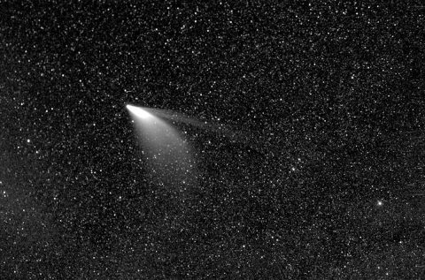 Processed data from the WISPR instrument on NASA’s Parker Solar Probe shows greater detail in the twin tails of comet NEOWISE, as seen on July 5, 2020. The lower, broader tail is the comet’s dust tail, while the thinner, upper tail is the comet’s ion tail. (NASA/Johns Hopkins APL/Naval Research Lab/Parker Solar Probe/Guillermo Stenborg)