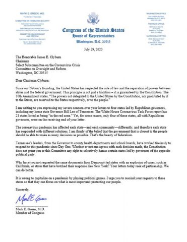 Representative Mark Green Letter to Whip Clyburn on Selective Harassment of Republican Governors