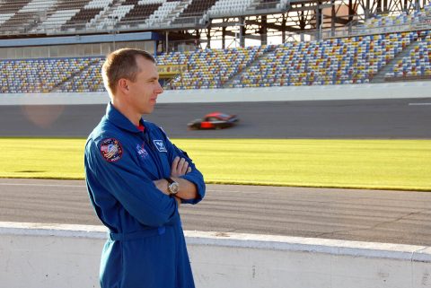 Astronaut Andrew Feustel watched cars on the Daytona International Speedway in 2008. (NASA) Astronaut Andrew Feustel watched cars on the Daytona International Speedway in 2008. (NASA)