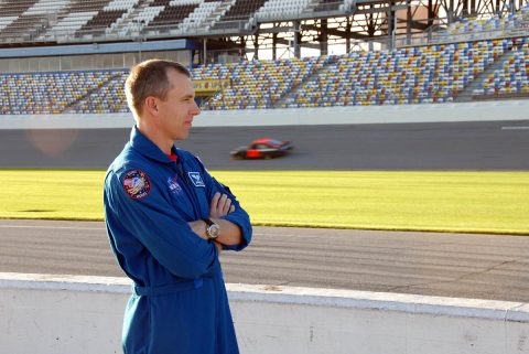 Astronaut Andrew Feustel watched cars on the Daytona International Speedway in 2008. (NASA)