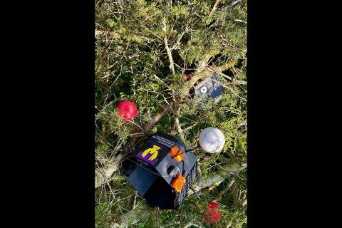 The payload landed 60 feet high in a pine tree along the Cumberland River in Kentucky. (APSU) The payload landed 60 feet high in a pine tree along the Cumberland River in Kentucky. (APSU)
