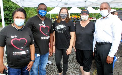 Dennis Newburn, right, the new director of the Clarksville Office of Housing & Community Development visited Friday’s Shower-Up event to meet leaders and members of the community. He stopped to chat with, from left, Valerie Guzman, Martias Kendrick, Ashley Mynatt and Sherry Pickering.