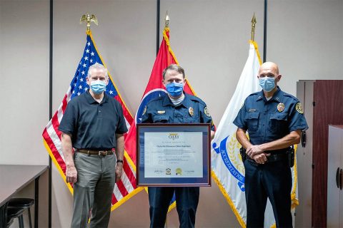 Clarksville Mayor Joe Pitts, left, Clarksville Police Sgt. Charles Gill, the department’s accreditation manager, and Clarksville Police Chief David Crockarell gathered to celebrate the department’s reaccreditation by the Commission on Accreditation for Law Enforcement Agencies.