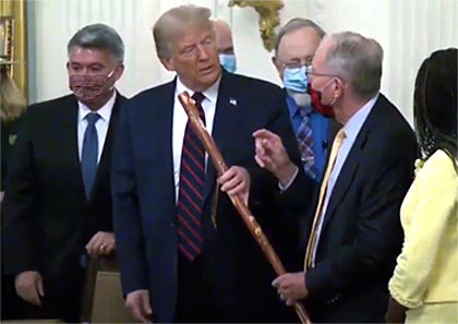 Lamar Alexander attended the White House signing ceremony today where he presented President Donald Trump with a “mountain man” walking stick to thank the president for his support of the legislation. The walking stick was made by a Smoky Mountain craftsman and was given to Alexander during his walk across the state when he campaigned for governor in 1978. Lamar Alexander attended the White House signing ceremony today where he presented President Donald Trump with a “mountain man” walking stick to thank the president for his support of the legislation. The walking stick was made by a Smoky Mountain craftsman and was given to Alexander during his walk across the state when he campaigned for governor in 1978.