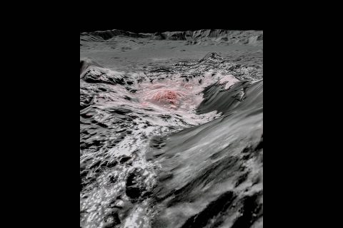 This mosaic image uses false color to highlight the recently exposed brine, or salty liquids, that were pushed up from a deep reservoir under Ceres' crust. In this view of a region of Occator Crater, they appear reddish. (NASA/JPL-Caltech/UCLA/MPS/DLR/IDA)