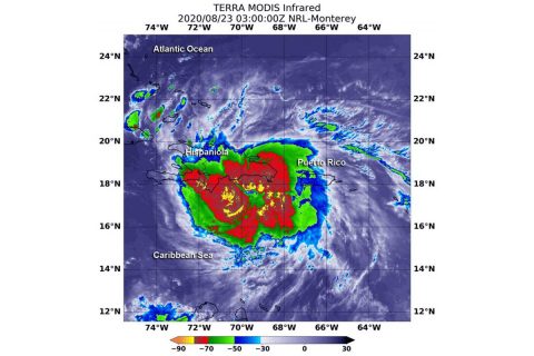 On Aug. 22 at 10:00pm CT (Aug. 23 at 0300 UTC) the MODIS instrument that flies aboard NASA’s Terra satellite revealed the most powerful thunderstorms (yellow) surrounded Laura’s center where cloud top temperatures were as cold as or colder than minus 80 degrees Fahrenheit (minus 62.2 Celsius). Strong storms with cloud top temperatures as cold as minus 70 degrees (red) Fahrenheit (minus 56.6. degrees Celsius) surrounded those areas and blanketed Hispaniola and were dropping large amounts of rain. (NASA/NRL)