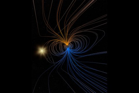 This stereoscopic visualization shows a simple model of the Earth's magnetic field. The magnetic field partially shields the Earth from harmful charged particles emanating from the Sun. (NASA's Goddard Space Flight Center)