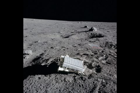 A close-up photograph of the laser reflecting panel deployed by Apollo 14 astronauts on the Moon in 1971. (NASA)