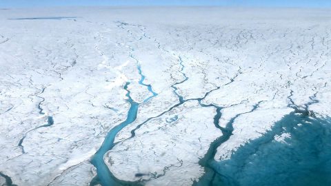 This aerial photograph shows fast-moving meltwater rivers flowing across the Greenland Ice Sheet, a region that, combined with Antarctic meltwater and thermal expansion, accounts for two-thirds of observed global mean sea level rise. (NASA) This aerial photograph shows fast-moving meltwater rivers flowing across the Greenland Ice Sheet, a region that, combined with Antarctic meltwater and thermal expansion, accounts for two-thirds of observed global mean sea level rise. (NASA)