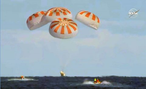 Completing an end-to-end uncrewed flight test, Demo-1, SpaceX’s Crew Dragon departed the International Space Station at 1:32am CT Friday, March 8th, 2019, and splashed down at 7:45am in the Atlantic Ocean about 200 nautical miles off the Florida coast. (NASA Television)