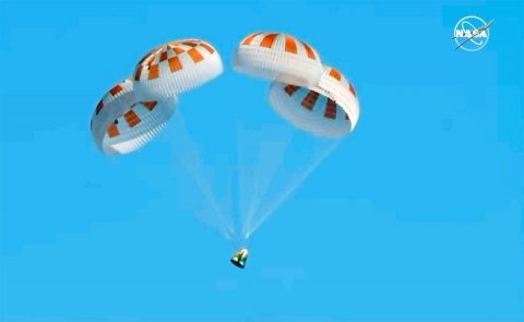 Completing an end-to-end uncrewed flight test, Demo-1, SpaceX’s Crew Dragon departed the International Space Station at 1:32am CT Friday, March 8th, 2019, and splashed down at 7:45am in the Atlantic Ocean about 200 nautical miles off the Florida coast. (NASA Television) Completing an end-to-end uncrewed flight test, Demo-1, SpaceX’s Crew Dragon departed the International Space Station at 1:32am CT Friday, March 8th, 2019, and splashed down at 7:45am in the Atlantic Ocean about 200 nautical miles off the Florida coast. (NASA Television)