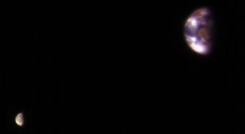 This composite image of Earth and its moon, as seen from Mars, combines the best Earth image with the best moon image from four sets of images acquired on Nov. 20, 2016, by the High Resolution Imaging Science Experiment (HiRISE) camera on NASA's Mars Reconnaissance Orbiter. (NASA/JPL-Caltech/Univ. of Arizona)