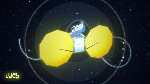 NASA's Lucy spacecraft poses in front of the orbit trajectory for her 12-year mission to study the Trojan Asteroids. Lucy will be featured in her own cartoon series coming soon. (NASA's Goddard Space Flight Center)