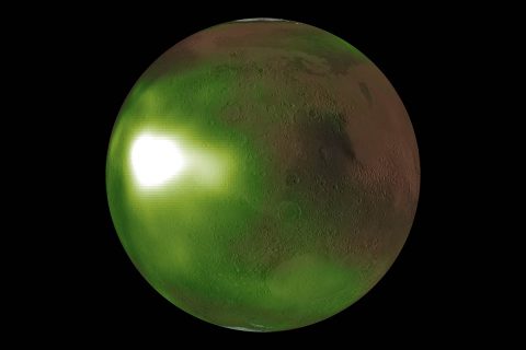 This is an image of the ultraviolet “nightglow” in the Martian atmosphere. Green and white false colors represent the intensity of ultraviolet light, with white being the brightest. The nightglow was measured at about 70 kilometers (approximately 40 miles) altitude by the Imaging UltraViolet Spectrograph instrument on NASA’s MAVEN spacecraft. (NASA/MAVEN/Goddard Space Flight Center/CU/LASP)