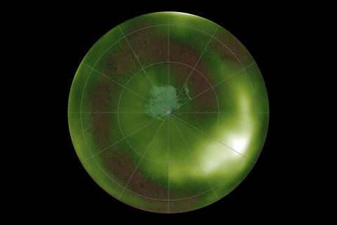 This is an image of the ultraviolet “nightglow” in the Martian atmosphere over the south pole. Green and white false colors represent the intensity of ultraviolet light, with white being the brightest. The nightglow was measured at about 70 kilometers (approximately 40 miles) altitude by the Imaging UltraViolet Spectrograph instrument on NASA’s MAVEN spacecraft.  (NASA/MAVEN/Goddard Space Flight Center/CU/LASP)