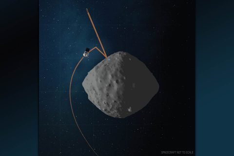 This artist’s concept shows the trajectory and configuration of NASA’s OSIRIS-REx spacecraft during Matchpoint rehearsal, which is the final time the mission will practice the initial steps of the sample collection sequence before touching down on asteroid Bennu. (NASA/Goddard/University of Arizona)