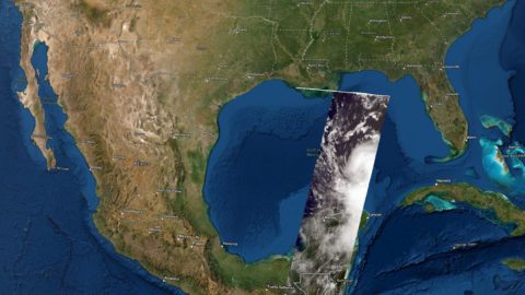 A still image of a 3D visualization of the cloud tops of what would become Hurricane Laura, as seen on Aug. 25, 2020, by the MISR instrument aboard NASA's Terra satellite. (NASA Disasters Program, Esri)