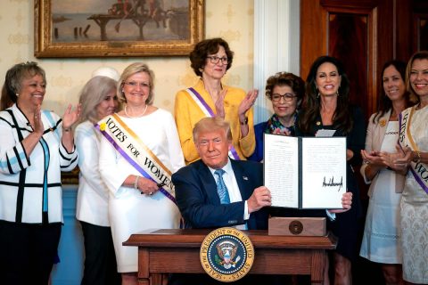 President Donald Trump signs a Proclamation on the 100th Anniversary of the ratification of the 19th Amendment. (White House)