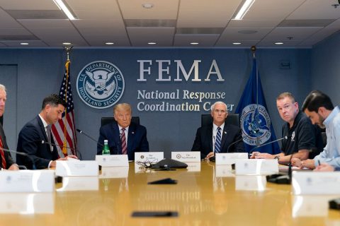 President Donald Trump and Vice President Mike Pence are briefed on Hurricane Laura at FEMA Headquarters. (White House)