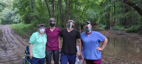 Austin Peay State University team: Sarah Zirkle, from the left, Sarah Krueger, Trevor Walker and Dr. Catherine Haase have been researching bats at Fort Campbell since July. (APSU)