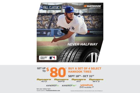 Hankook Tire, the Official Tire of Major League Baseball, announces that its 2020 Fall Classic Rebate will run from September 18 – October 31 and will offer savings of up to $80 via a prepaid Mastercard with the purchase of four tires from select lines, including the brand new all-weather Kinergy 4S2.