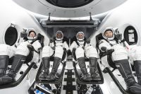 The SpaceX Crew-1 crew members (from left) NASA astronauts Shannon Walker, Victor Glover, Mike Hopkins, and JAXA (Japan Aerospace Exploration Agency) astronaut Soichi Noguchi. (SpaceX)