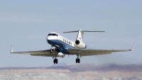 NASA’s C-20A research aircraft takes off with the UAVSAR instrument attached below during an earlier flight from Edwards Air Force Base near Palmdale, California. (NASA)