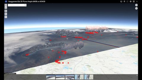 This screenshot shows an interactive 3D visualization that allows you to explore the height of smoke plumes from the California fires, using data from Multi-angle Imaging SpectroRadiometer (MISR) instrument aboard NASA's Terra satellite. (NASA/JPL-Caltech/GSFC)